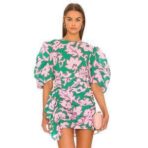Rhode Floral Pia Mini Dress Green Pink Lined Ruched Draped Bell Sleeve Sz M
